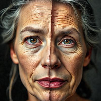 The image features a woman with two different faces, one on the left and one on the right. The woman's face is split in half, creating a striking visual effect. The setting appears to be a close-up of the woman's face, with no background visible. The visual style is a digital art or illustration, as the woman's face is split in half in a creative and artistic manner. The colors and mood of the image are dramatic and intense, as the woman's face is split